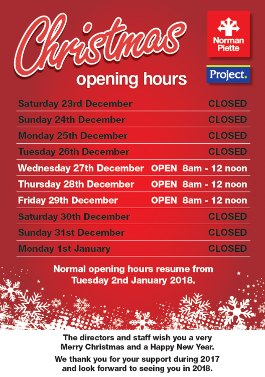 Christmas Opening Hours 2017 Norman Piette